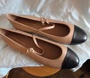 Margaux Tan Flats with Black Cap Toe and Ankle Strap
